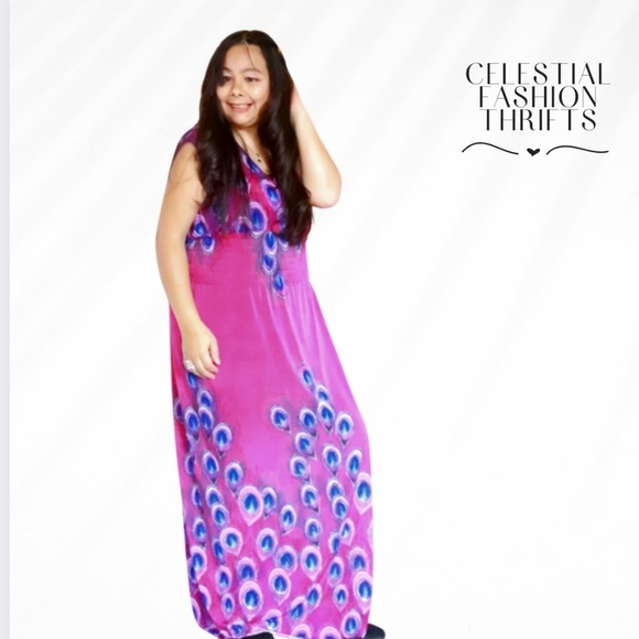 PINK BLUE & PURPLE FLAMINGO MAXI SUMMER DRESS XL - Picture 3 of 9
